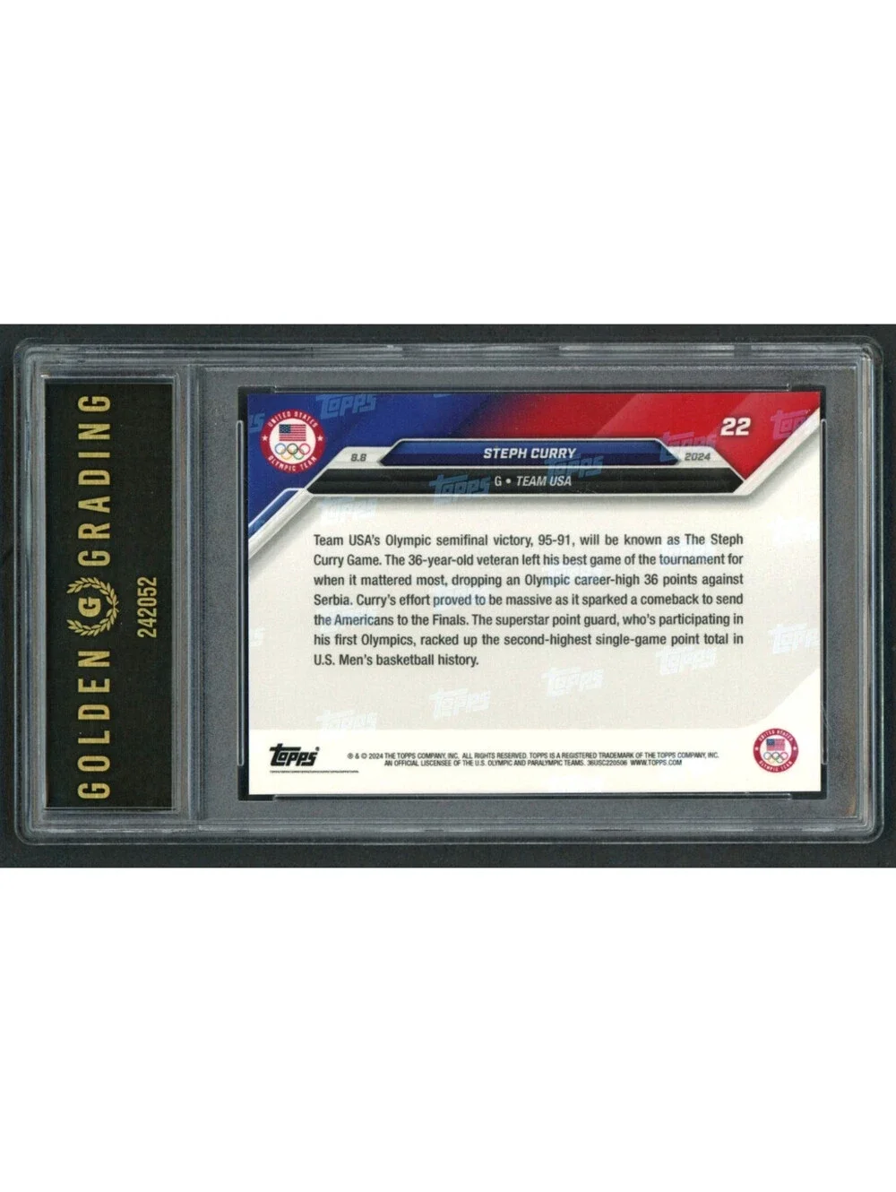 2024 Topps Now Olympics Stephen Curry #22 Team USA Gold Medal Graded Gem Mint 10